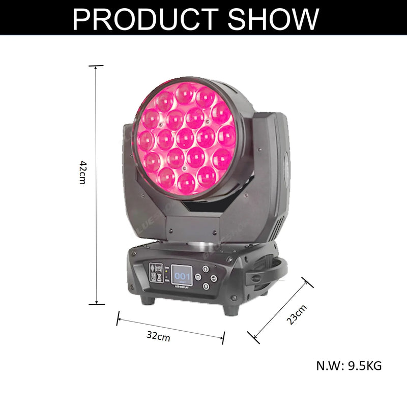 Lot de 2 lyres LED wash zoom 19 x 15 W – dimensions de 42 x 32 x 23 cm et poids de 9,5 kg par lyre