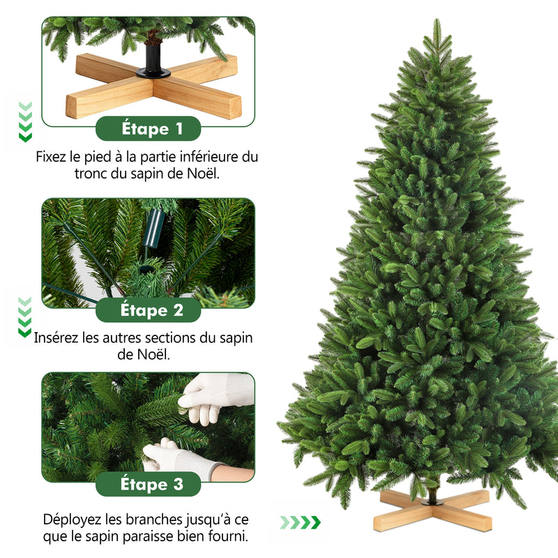 Sapin lumineux artificiel 180 à 235 cm, LED blanc chaud, pied en bois