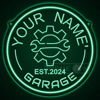 Néon garage personnalisé avec votre nom, engrenage, rond 29 cm, USB