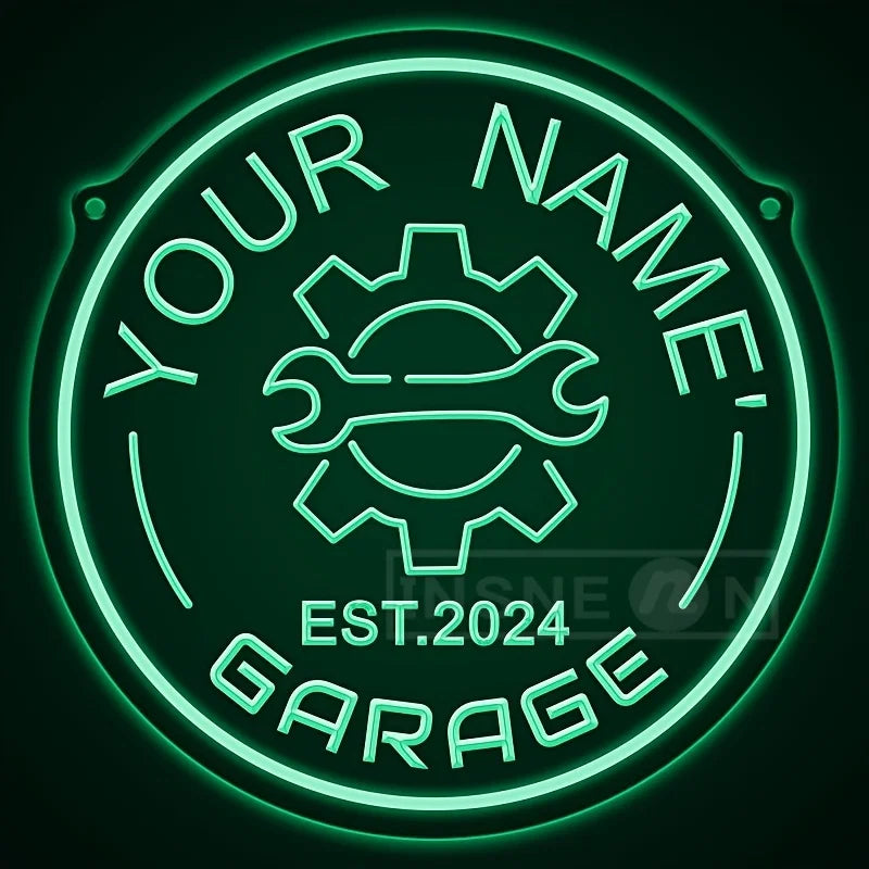 Néon garage personnalisé avec votre nom, engrenage, rond 29 cm, USB