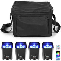 Uplight PAR LED sur batterie 6 x 18 W – sac de transport et quatre projecteurs allumés en bleu