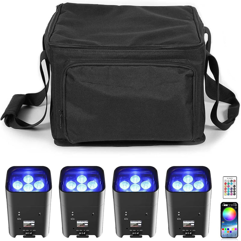 Uplight PAR LED sur batterie 6 x 18 W – sac de transport et quatre projecteurs allumés en bleu