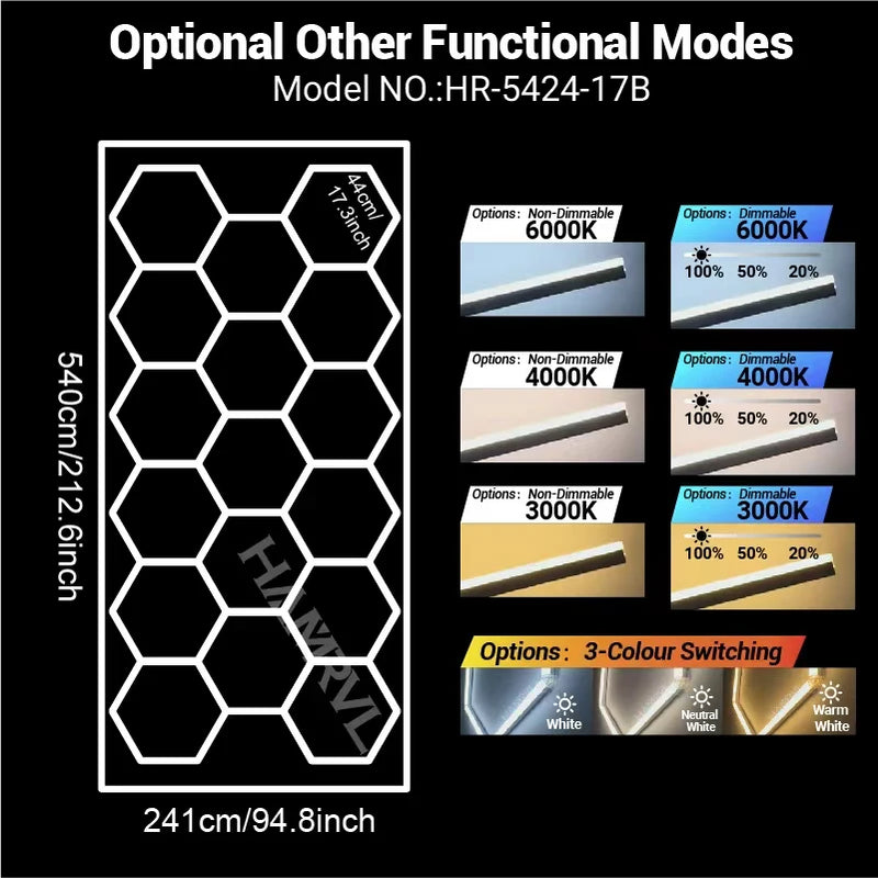 Éclairage LED hexagonal garage modulable, 1 à 25 hexagones, cadres et chevrons