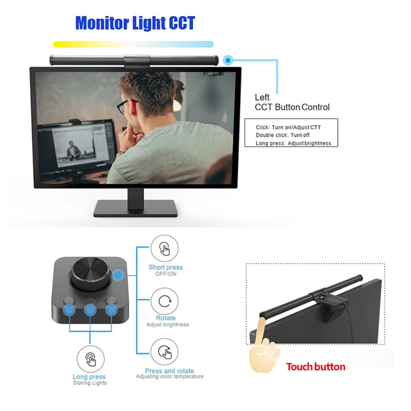 Barre lumineuse écran PC 44 ou 55 cm – bouton de commande des températures de couleur et touche tactile