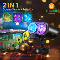 Projecteur Noël extérieur LED 2 en 1, 12 motifs et vagues, IP44