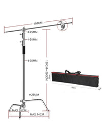Pied C-stand inox – dimensions du pied de 107 cm avec sac de transport