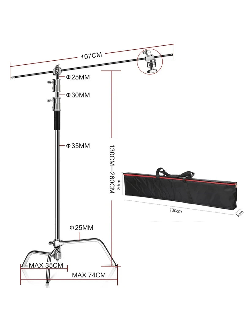 Pied C-stand inox – dimensions du pied de 107 cm avec sac de transport
