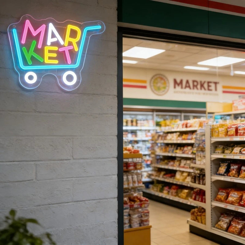 Enseigne néon MARKET chariot de courses – à l'entrée d'une épicerie