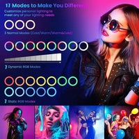 Ring light RGB 30 cm – modes de blanc, 7 modes RVB dynamiques et 7 modes RVB statiques
