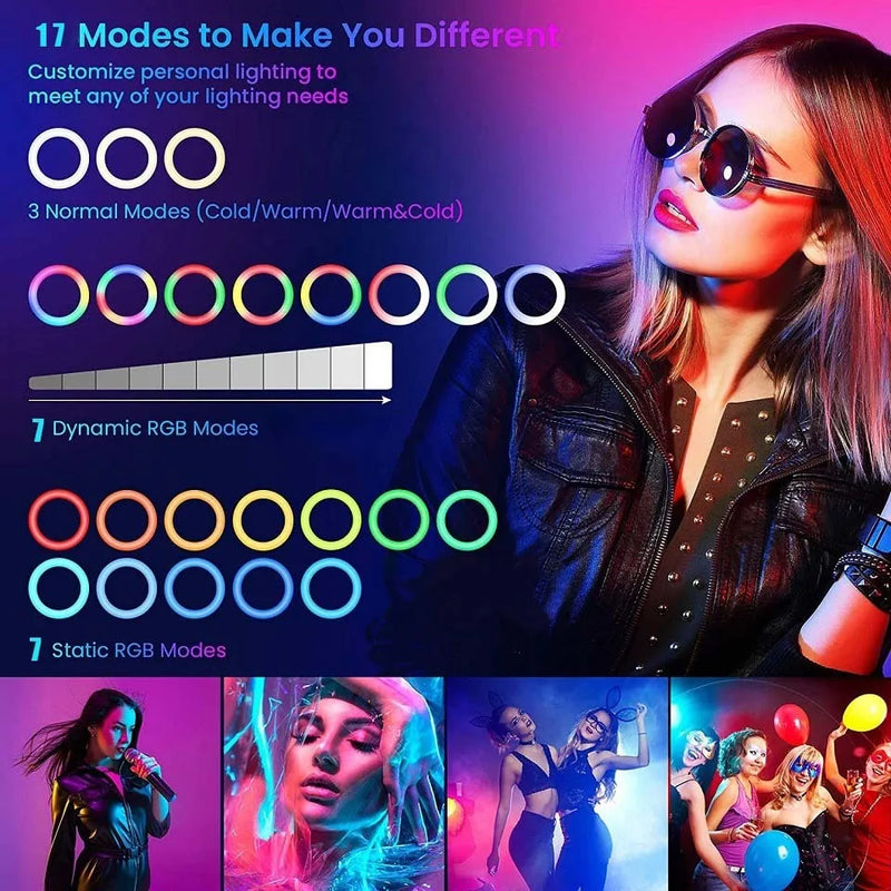 Ring light RGB 30 cm – modes de blanc, 7 modes RVB dynamiques et 7 modes RVB statiques