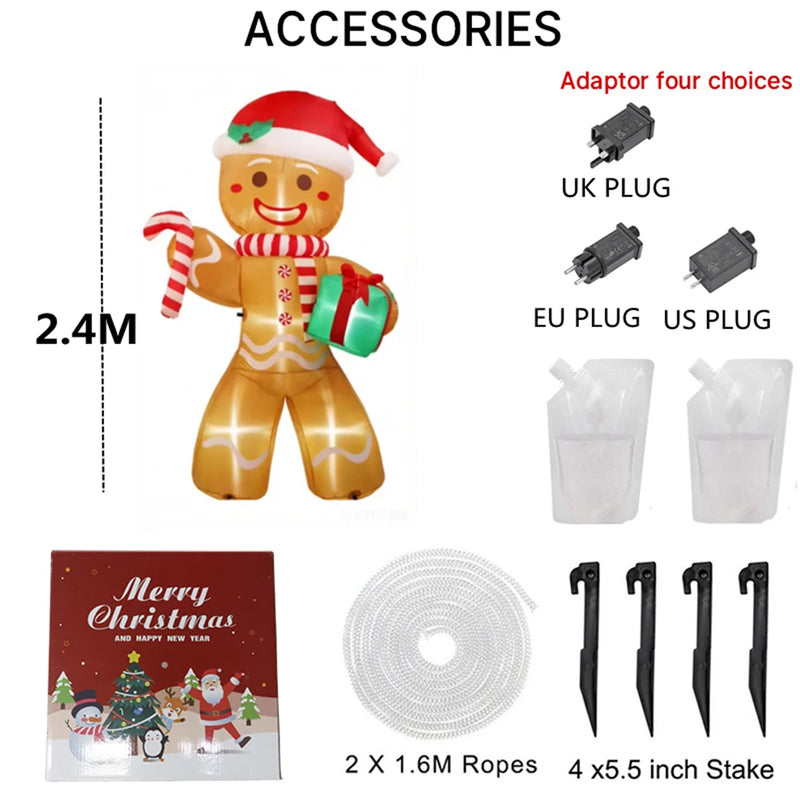Bonhomme en pain d'épice gonflable géant 2,4 m avec cadeau et LED