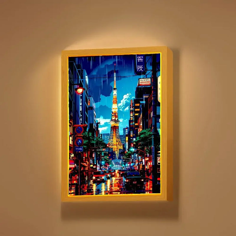 Cadre lumineux Tokyo – tour de Tokyo sous la pluie, cadre allumé contre un mur