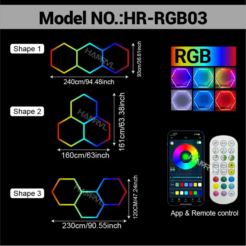 Éclairage LED hexagonal RGB pour garage, de 1 à 11 hexagones, application et télécommande