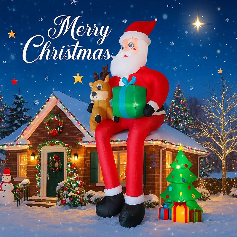 Père Noël gonflable géant 2,9 m avec renne, cadeau et LED