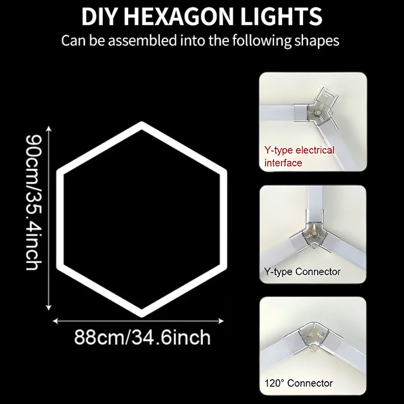 Éclairage LED hexagonal de garage – format d'un hexagone de 88 x 90 cm