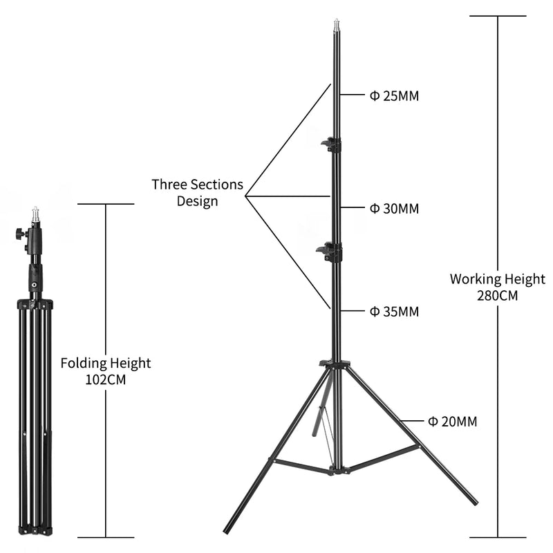 Trépied lumière inox pliable – trépied noir de 280 cm, replié à 102 cm, avec cotes des tubes