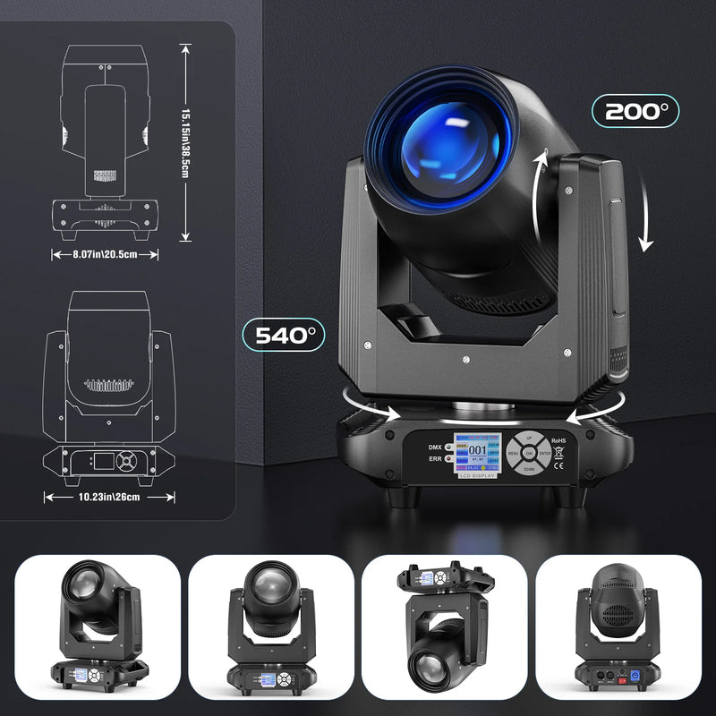 Lyre LED beam 150 W, faisceau de 4°, 14 gobos, prisme 18 facettes