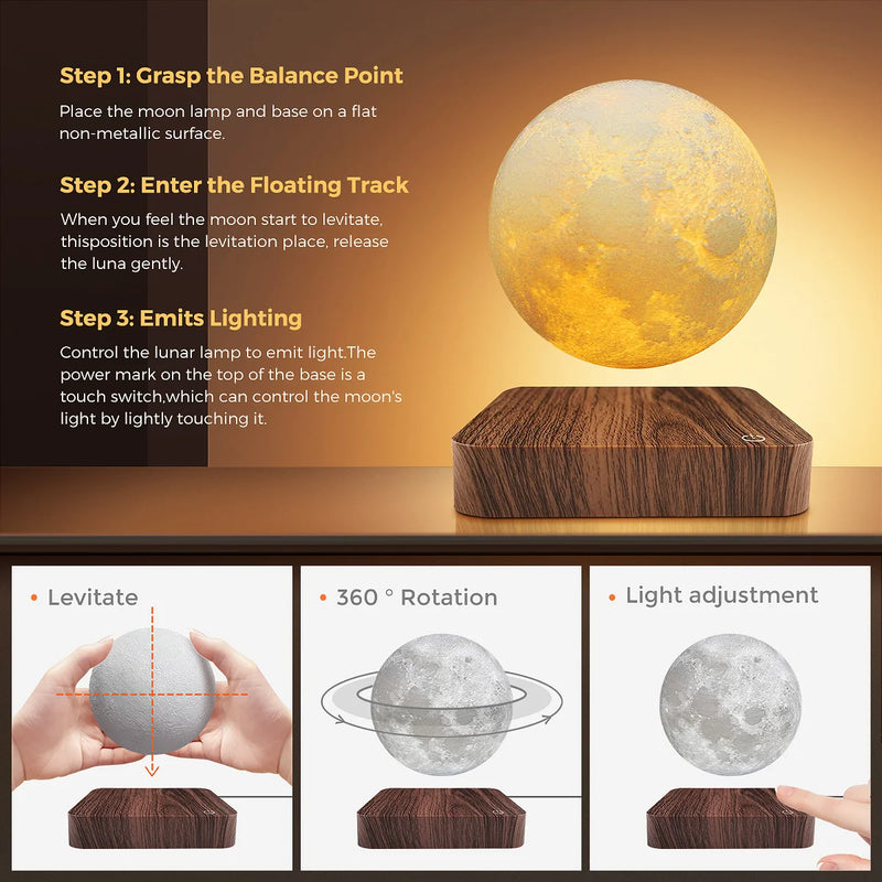 Lampe lune en lévitation magnétique 14 cm ou ampoule flottante, tactile