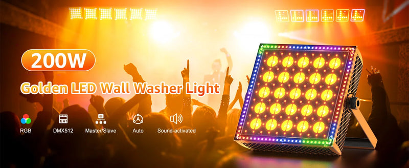 Projecteur LED carré 200 W laveur de mur – projecteur allumé en doré devant une foule en concert