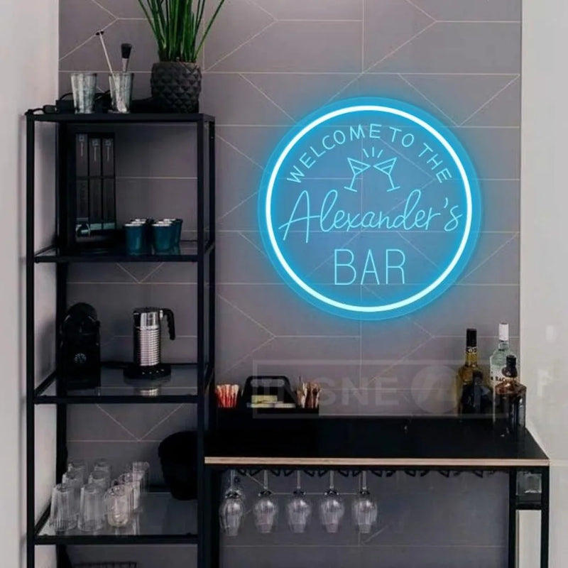 Enseigne néon bar personnalisée à votre nom, rond 29 cm, USB