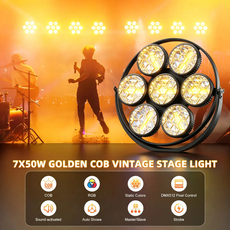 Projecteur vintage 7 LED COB dorées et RGB, 350 W, à l'unité ou par lot