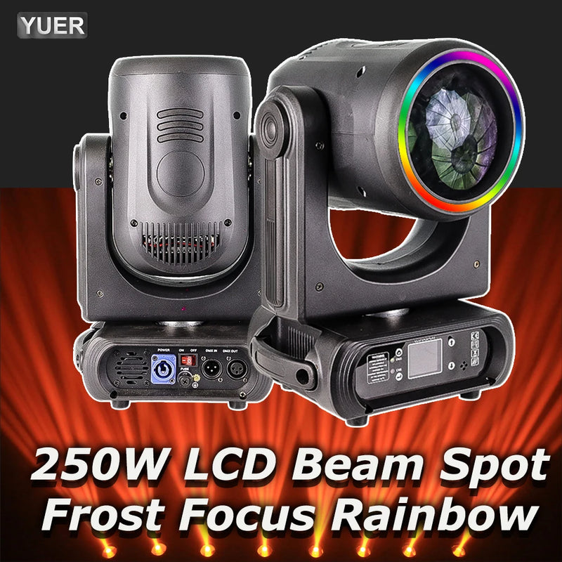 Lyre beam LED 250 W à anneau, focus et frost, 14 gobos, prismes 6 + 12, DMX 14 canaux