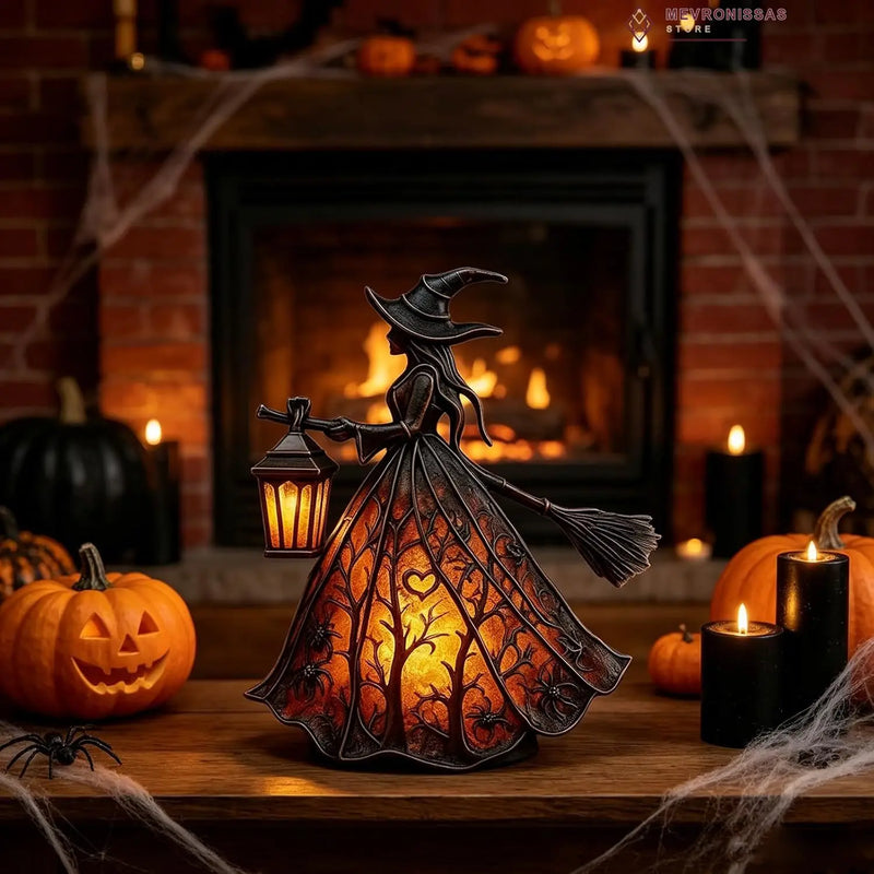 Lampe sorcière d'Halloween – la lampe devant une cheminée avec citrouilles et toiles d'araignée