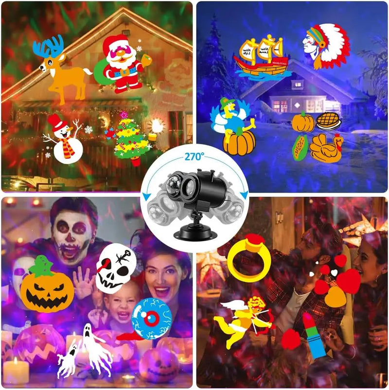 Projecteur Noël deux têtes – motifs de Noël, d'Halloween et de fêtes projetés sur une façade