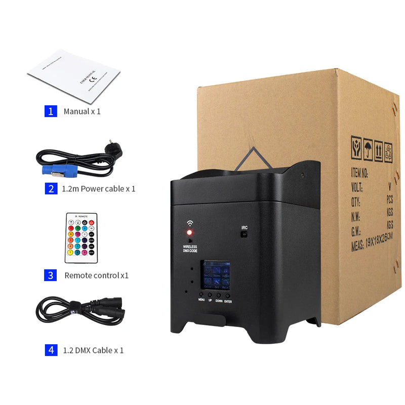 Uplight PAR LED sur batterie – projecteur, carton, télécommande, cordon d'alimentation, câble DMX et manuel