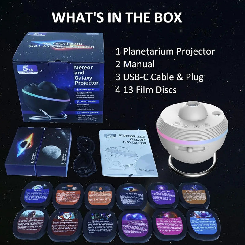 Projecteur galaxie planétarium à météores – contenu du colis : projecteur, notice, câble USB-C et 13 disques