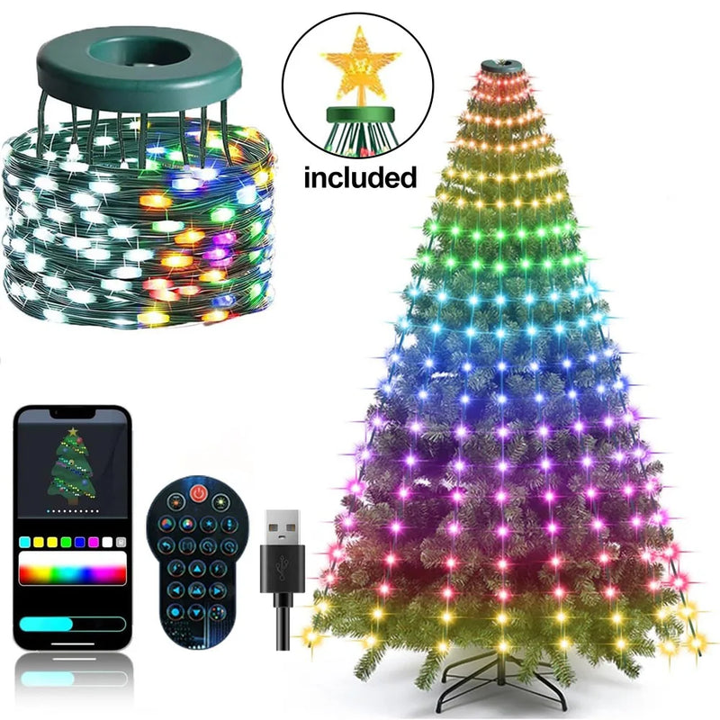 Guirlande de sapin cascade RGB – version USB 400 LED avec télécommande et téléphone