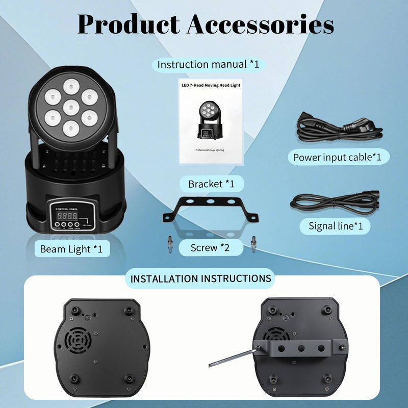 Lot de 4 mini lyres LED wash – accessoires fournis : manuel, câble d'alimentation, support, vis et câble de signal