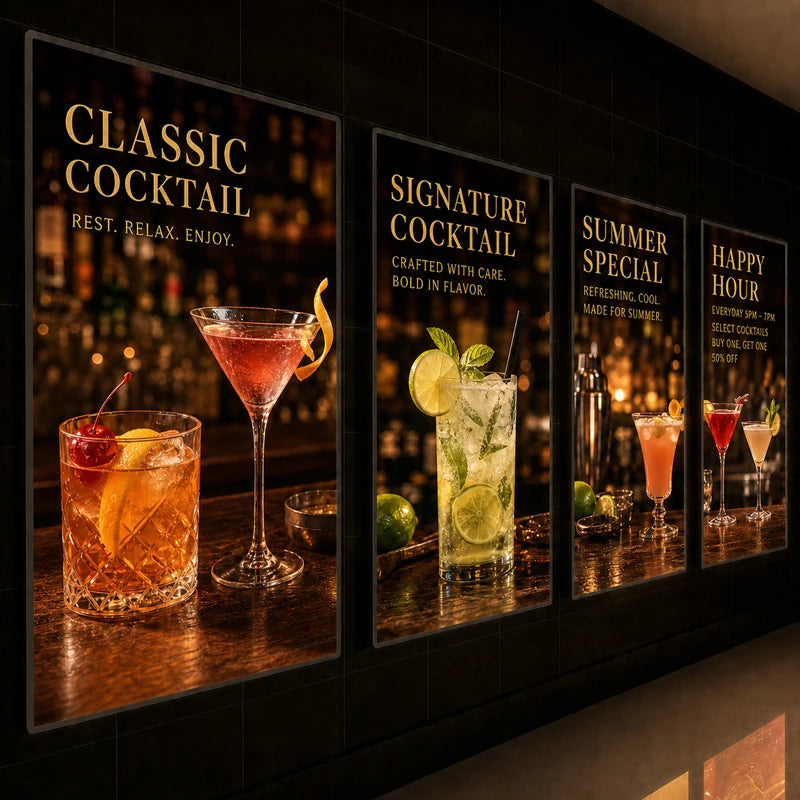 Caisson lumineux LED mural – quatre caissons alignés sur un mur de bar, affiches de cocktails rétroéclairées