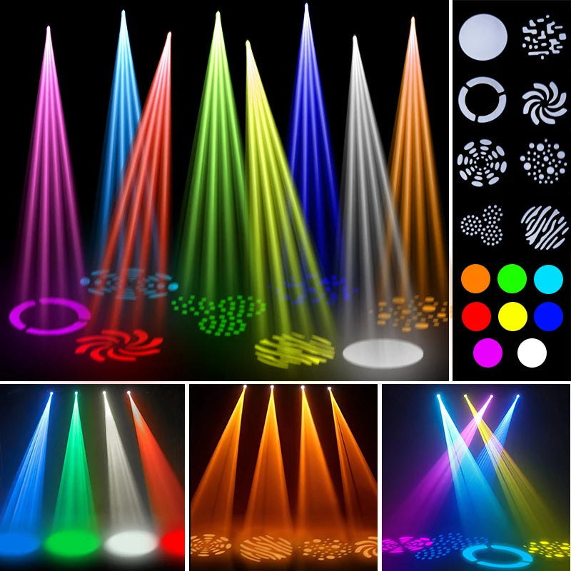 Lot de 2 mini lyres LED spot 60 W – faisceaux colorés et planche des gobos et des couleurs