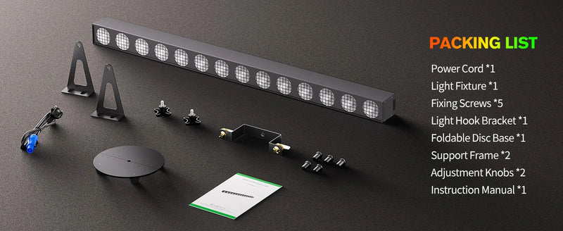Barre LED pixel COB RGBW – contenu du colis : barre, base pliable, support et manuel