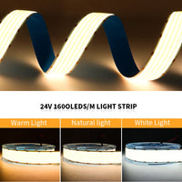 Ruban LED COB 1600 LED/m à 5 rangées – comparaison des teintes : blanc chaud, naturel et blanc
