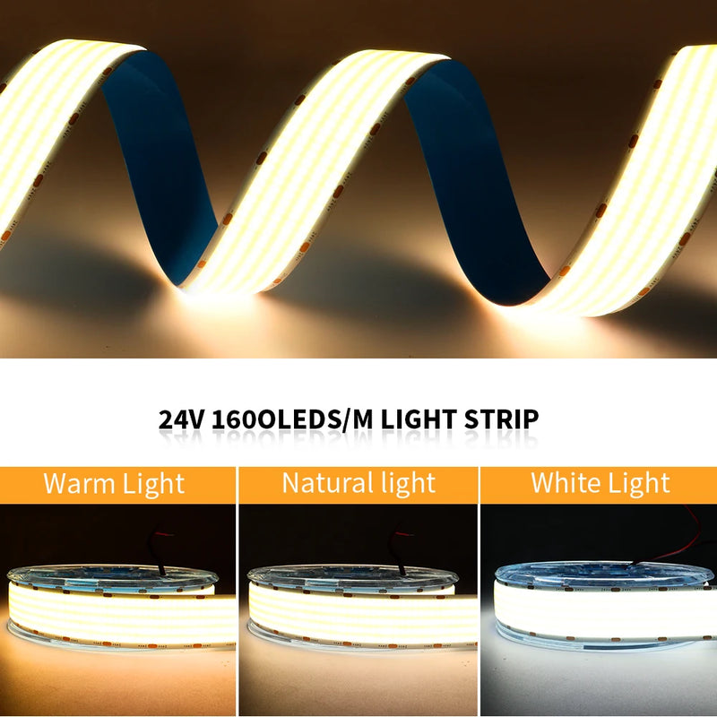 Ruban LED COB 1600 LED/m à 5 rangées – comparaison des teintes : blanc chaud, naturel et blanc