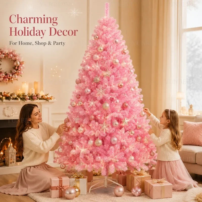 Sapin de Noël rose en PVC – mère et fille près du sapin rose