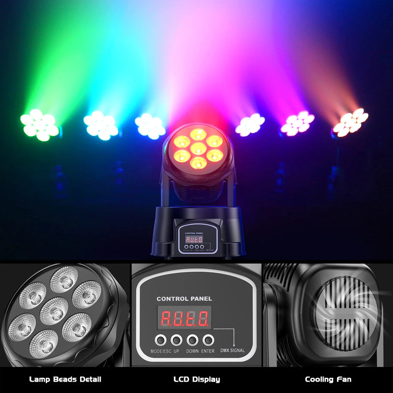 Mini lyre LED wash 7 x 15 W RGBW 105 W, DMX 9 ou 14 canaux, 1 ou 2 lyres