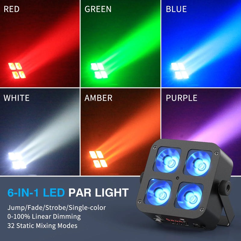 Lot de 4 uplights sans fil sur batterie 5200 mAh – six couleurs en mode 6 en 1 : rouge, vert, bleu, blanc, ambre et violet