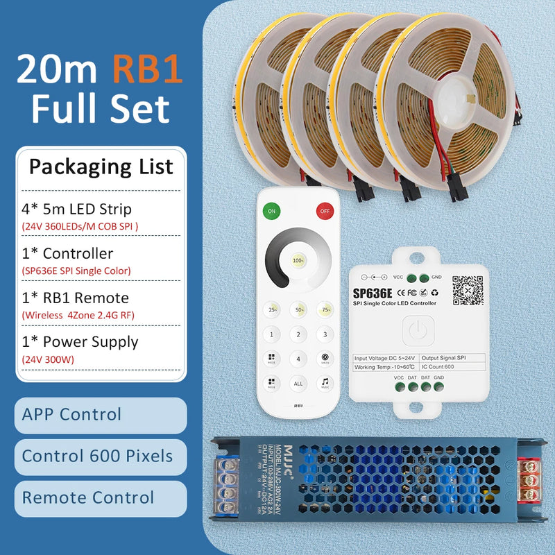 Ruban LED COB 24 V – contenu du kit de 20 m avec télécommande tactile