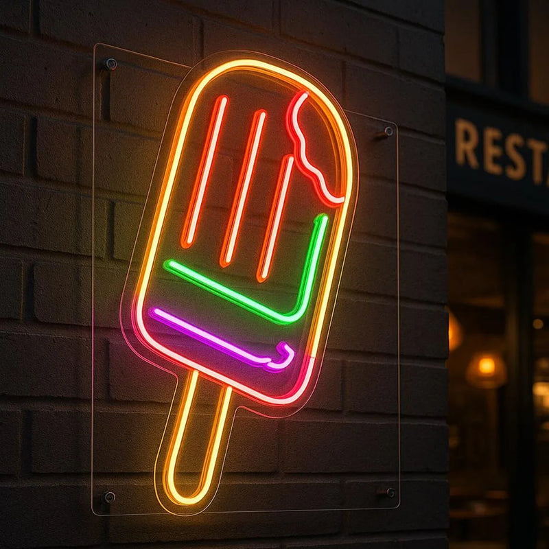 Néon LED glace esquimau – modèle orange à traits colorés sur un mur sombre