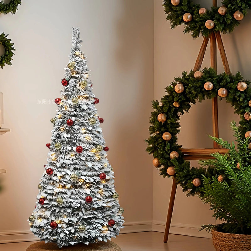 Sapin lumineux pliant floqué neige, pré-décoré, 120 à 210 cm