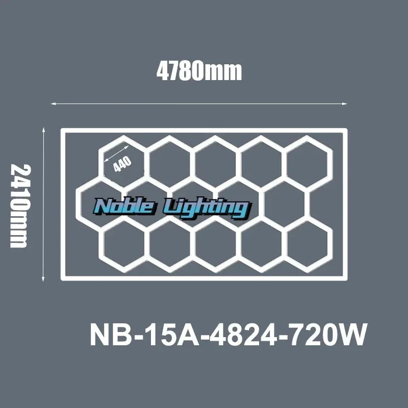 Plafonnier LED hexagonal – schéma du format 15 hexagones avec bordure, 478 x 241 cm