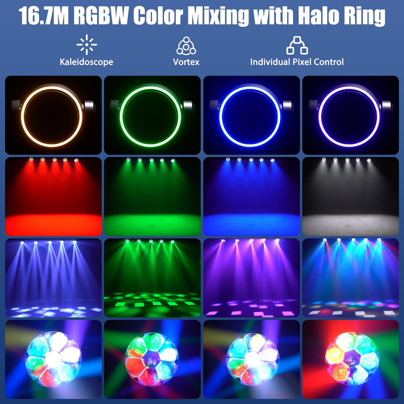 Lyre LED zoom 300 W, 7 LED RGBW de 40 W, halo RGB, zoom 8,5° à 45°, DMX