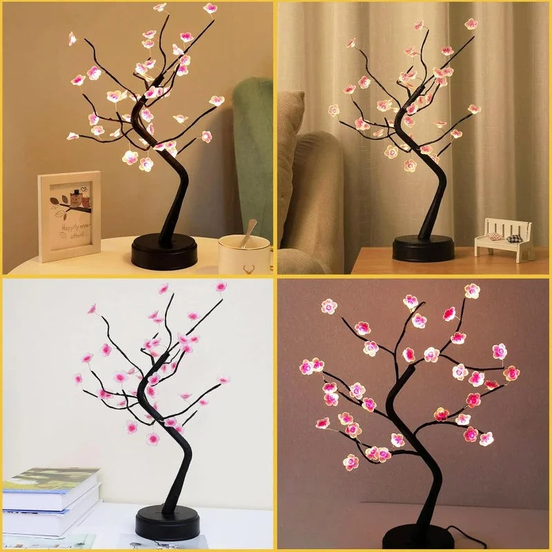 Arbre lumineux bonsaï à fleurs roses, lampe de table à 3 piles AA ou USB