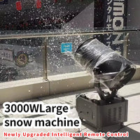 Machine à neige 3000 W – flocons projetés sur une terrasse vitrée