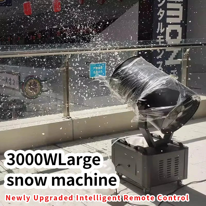 Machine à neige 3000 W – flocons projetés sur une terrasse vitrée