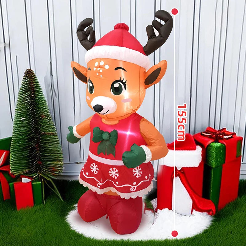 Renne lumineux gonflable en robe rouge – renne gonflable de 155 cm près de cadeaux et d'un sapin