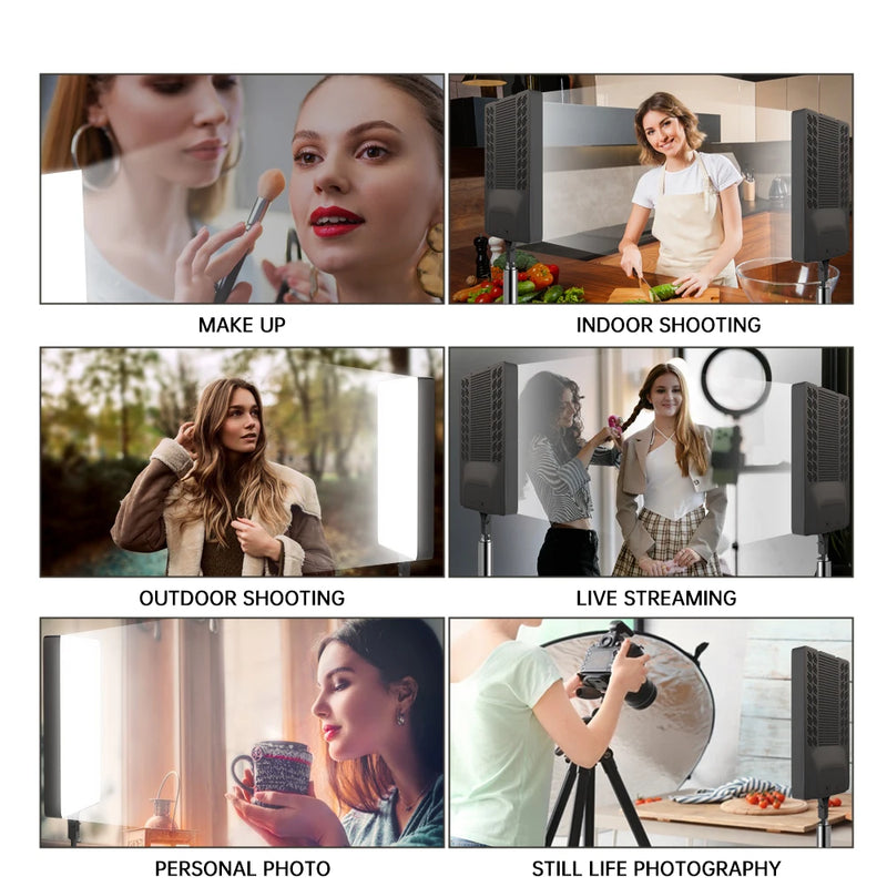 Panneau LED vidéo bicolore 90 W – exemples d'usage : maquillage, tournage intérieur et extérieur, live streaming, photo personnelle et nature morte
